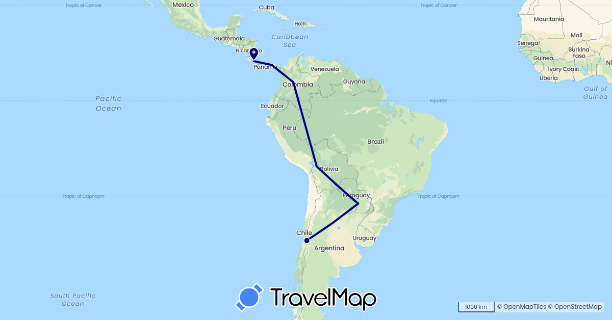 TravelMap itinerary: driving in Bolivia, Chile, Colombia, Costa Rica, Panama, Paraguay (North America, South America)